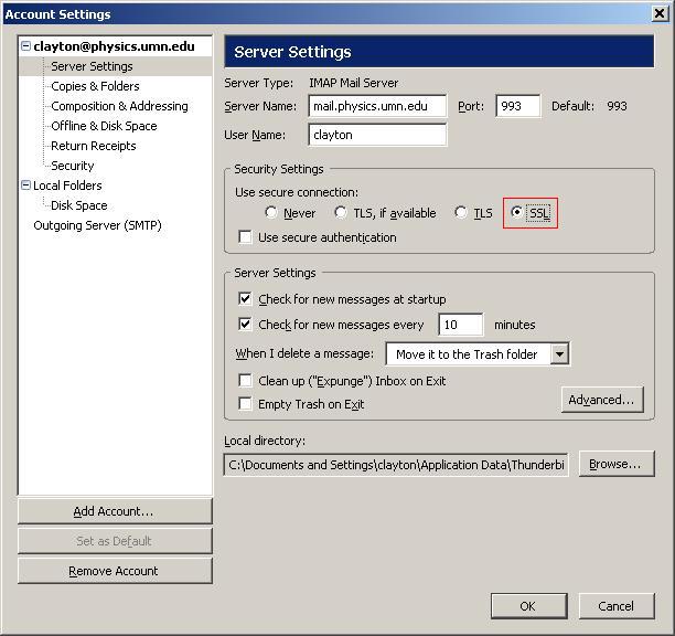 Thunderbird Settings Screenshot